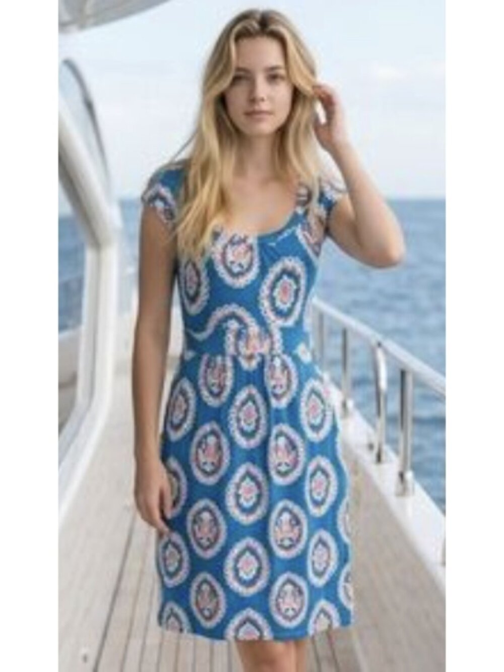 BODEN Weekend Jersey Dress Bright Cyan Woodblock Floral Size 12 Preppy Stretch